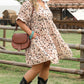 Beige Printed Surplice V Neck Cuffed Sleeve Empire Waist Plus Size Dress
