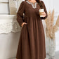Coffee Embroidered Notched Neckline Textured Pleated High Waist Plus Size Midi Dress