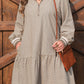 Khaki Stripe Zip up Collared Puff Sleeve Ruffled Plus Size Mini Dress