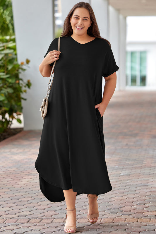 Black Plus Size V Neck Rolled Cuffs Maxi Dress