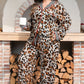 Khaki Plus Leopard Print Contrast Piping Striped Patchwork 2pcs Long Pajama Set