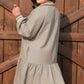 Khaki Stripe Zip up Collared Puff Sleeve Ruffled Plus Size Mini Dress