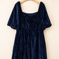 Navy Blue Velvet Ruched Bust Square Neck Short Puff Sleeve Plus Dress