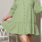 Green Textured Ruffled Buttoned V Neck Plus Size Mini Dress