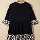 Black Plus Size Leopard Patchwork V Neck 3/4 Sleeve Ruffle Hem Mini Dress
