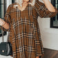 Brown Printed Plaid V Neck Plus Size Babydoll Dress