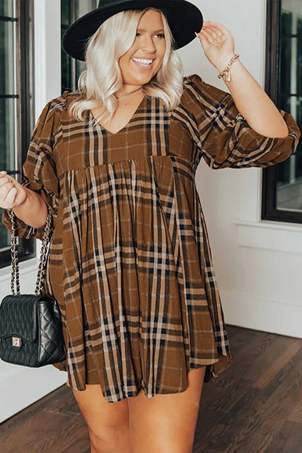 Brown Printed Plaid V Neck Plus Size Babydoll Dress