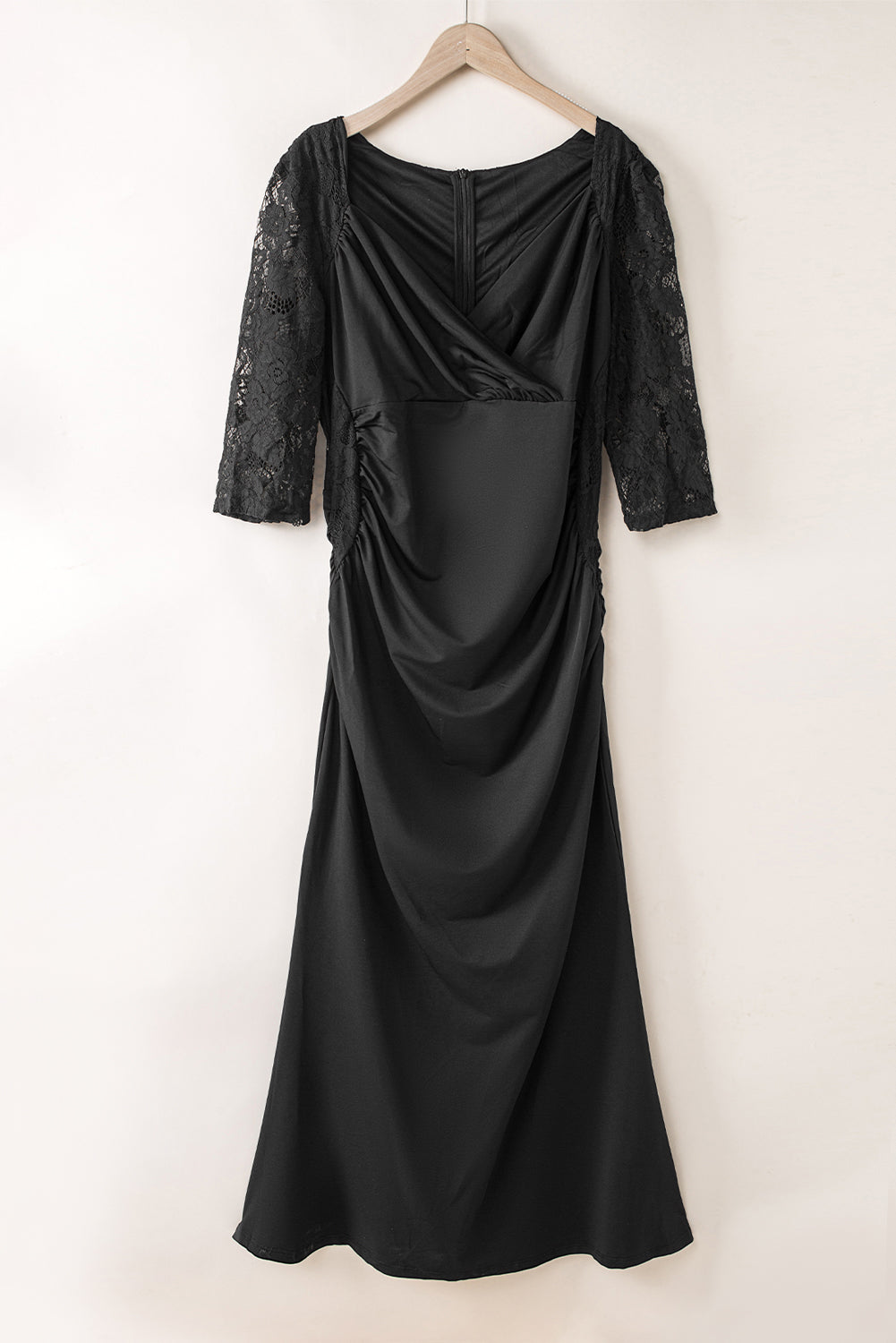 Black Lace Patchwork 3/4 Sleeve Pleated Plus Size Dress