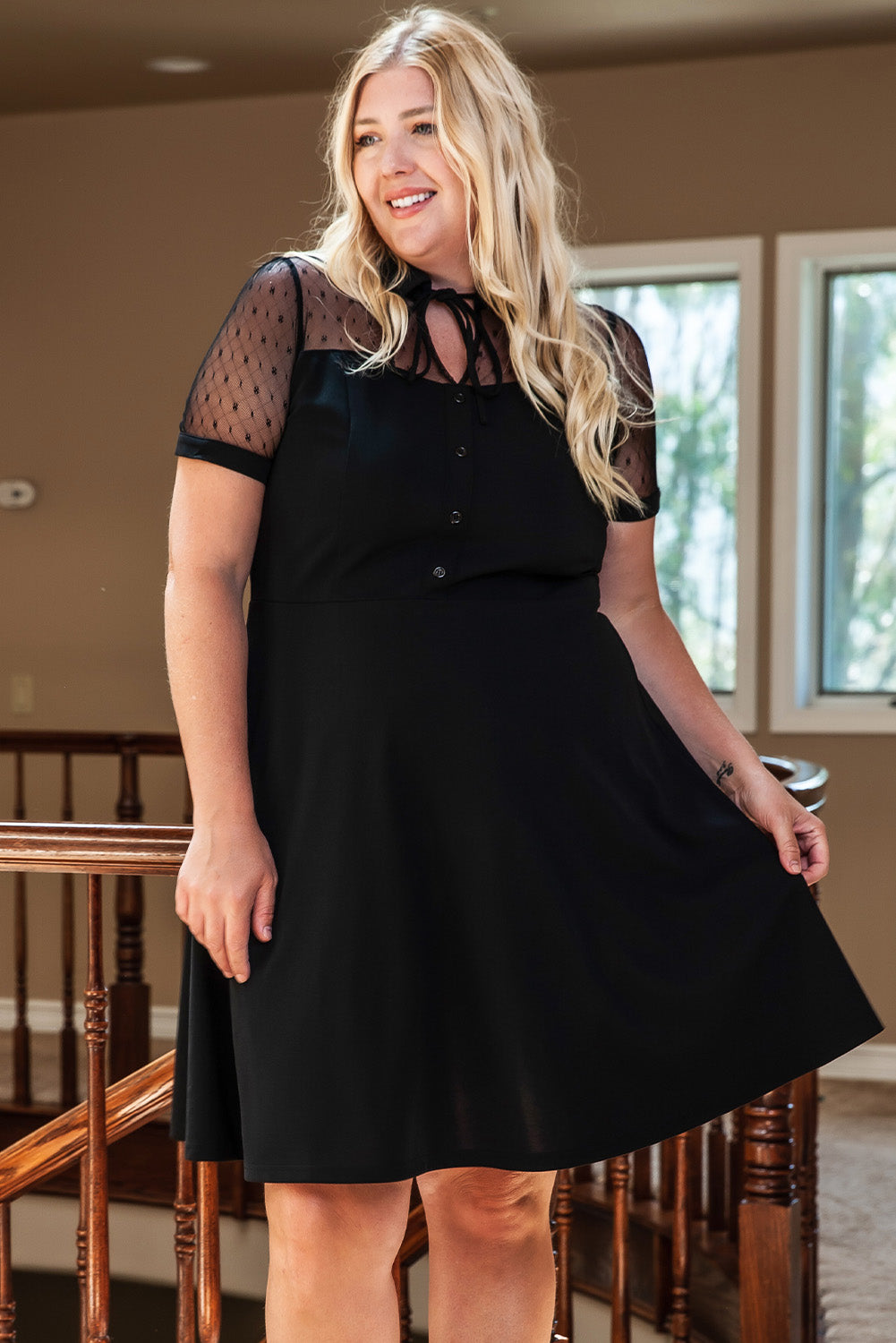 Black Plus Size Collared Mesh Yoke Fit Flare Dress