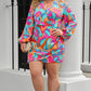 Multicolor Plus Size Abstract Print Pleated Surplice Long Sleeve Dress