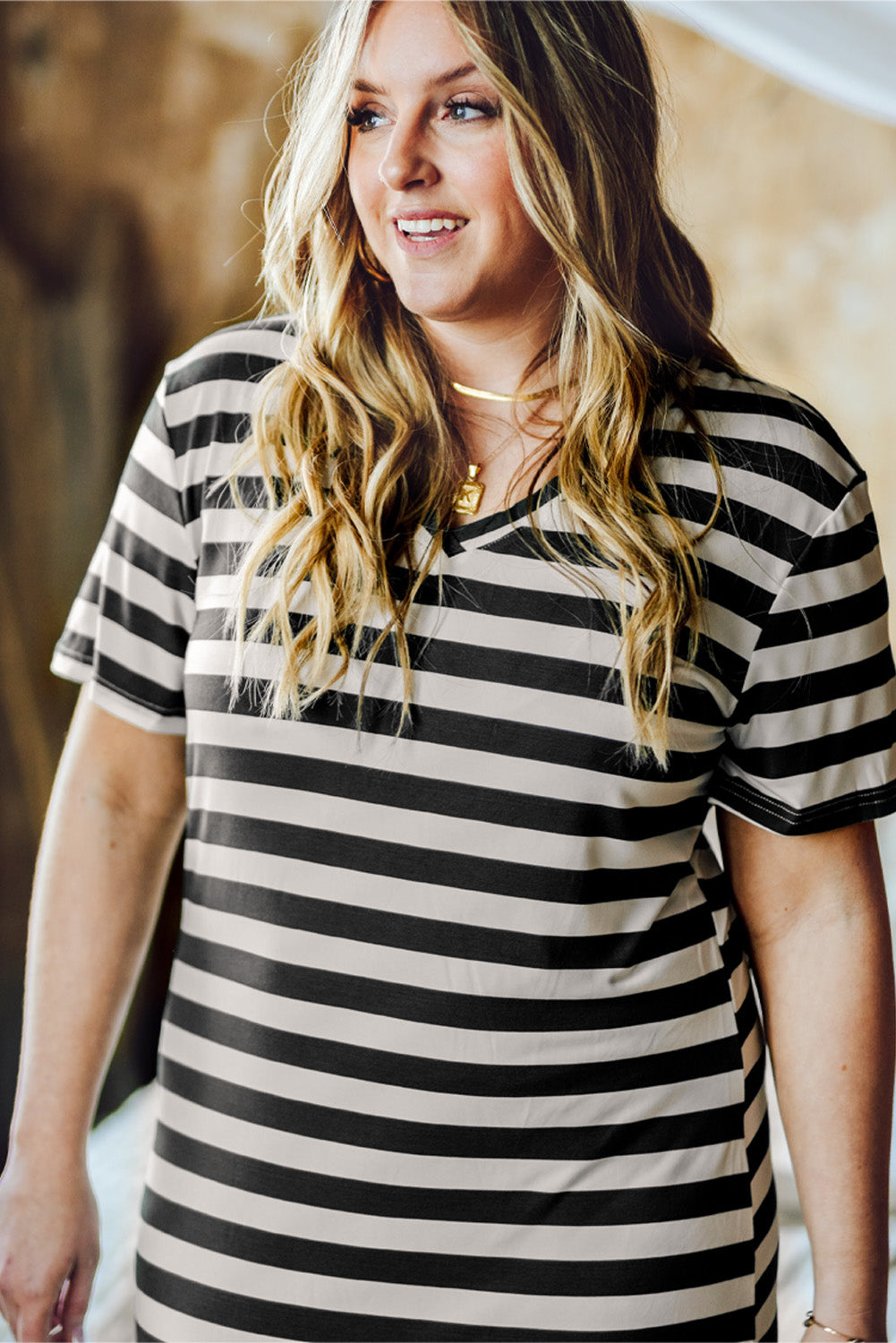 Black Plus Size Striped Print Long T-shirt Dress