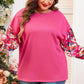 Bright Pink Floral Patchwork Flounce Sleeve Rib Knit Plus Top