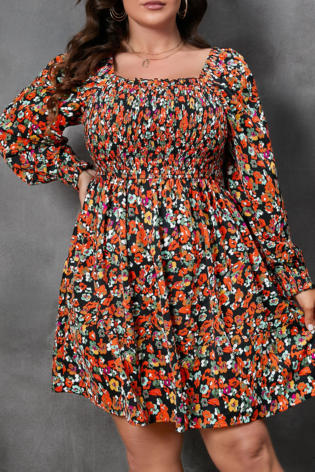 Multicolor Plus Size Smocked Long Sleeve Floral Dress