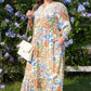 Khaki Floral Print 3/4 Sleeves Tiered Plus Size Long Dress
