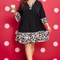 Black Plus Size Leopard Patchwork V Neck 3/4 Sleeve Ruffle Hem Mini Dress