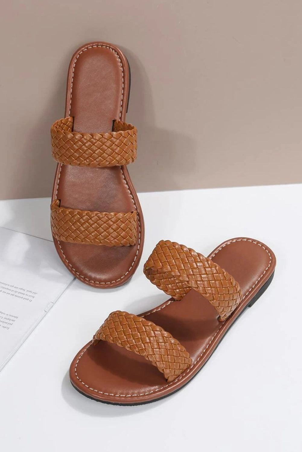 Chestnut Braided Double Band Leathered Flat Slippers