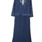 Blue Lace Scalloped V Neck 3/4 Sleeves Pleated Tulle Plus Maxi Dress