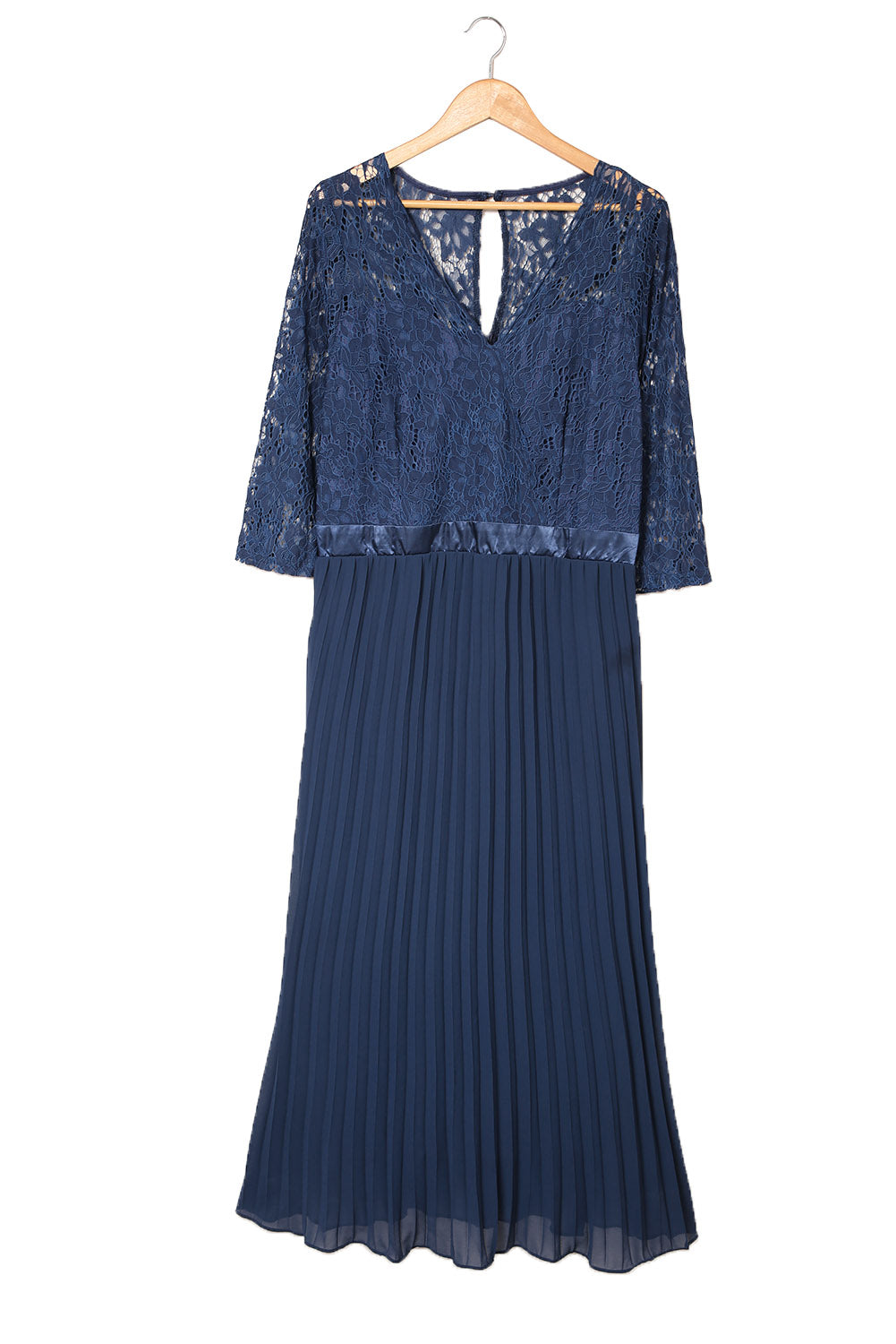 Blue Lace Scalloped V Neck 3/4 Sleeves Pleated Tulle Plus Maxi Dress