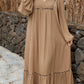 Chestnut Smocked V Neckline Leopard Piping Accent Bracelet Plus Size Long Dress