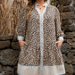 Khaki Plus Size Leopard Print Striped Trim V Neck Drop Waist Long Sleeve Mini Dress