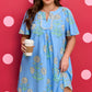 Sky Blue Plus Periwinkle Floral Printed Short Sleeve Striped Trim Split Neck Mini Dress