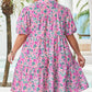 Pink Plus Size Floral Half Button Short Puff Sleeve A-line Dress