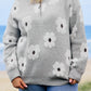 Gray Plus Size Embroidered Floral Pattern Half Zip Sweater