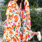 Orange Floral Print Drawstring V Neck Tiered Plus Size Dress