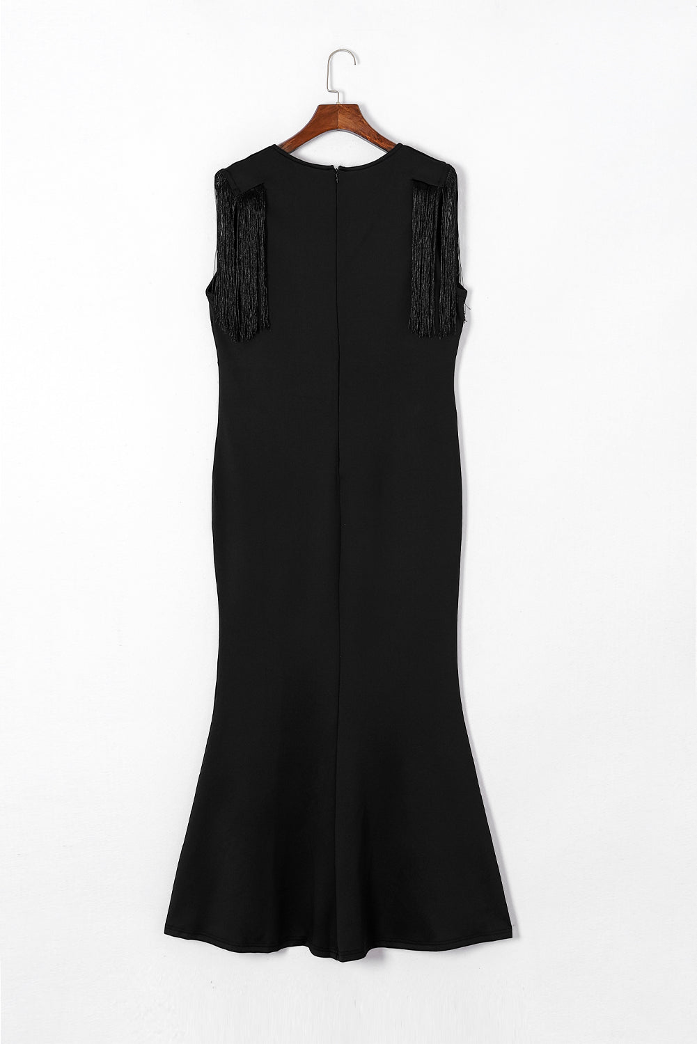 Black Plus Size Surplice V Neck Fringe Formal Maxi Dress