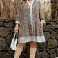 Khaki Plus Size Leopard Print Striped Trim V Neck Drop Waist Long Sleeve Mini Dress