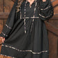 Black Plus Size Long Sleeve Leopard Contrasted Trim Tie Neck Flared Mini Dress