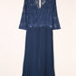 Blue Lace Scalloped V Neck 3/4 Sleeves Pleated Tulle Plus Maxi Dress