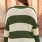 Green Stripe Colorblock Notched Neck Plus Size Sweater