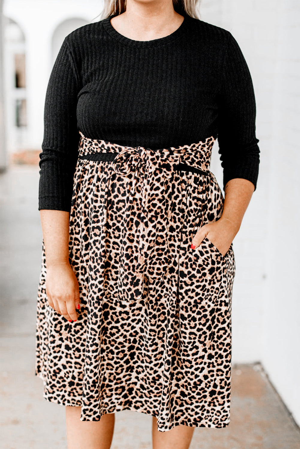 Black Ribbed Knit Leopard Plus Size Midi Dress