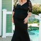 Black Lace Patchwork 3/4 Sleeve Pleated Plus Size Dress