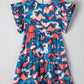 Blue Abstract Print Shirred Ruffled Short Sleeve Tiered Plus Size Mini Dress