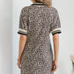 Khaki Leopard Print Zip Neck Striped Webbing Patchwork T Shirt Mini Dress
