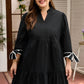 Black Contrast Trim Knot Cuffs Plus Size V Neck Mini Dress