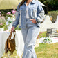 Beau Blue Leopard Patchwork Flap Detail Plus Size Denim Jacket