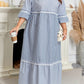 Sky Blue Stripe Crisscross Lace Detail Mixed Striped Patchwork Plus Size Shift Long Dress