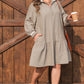 Khaki Stripe Zip up Collared Puff Sleeve Ruffled Plus Size Mini Dress