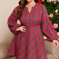 Red Plus Size Plaid Half Button Long Sleeve Holiday Dress