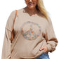 Pale Khaki Floral Peace Sign Graphic Washed Terry Plus Size Sweatshirt