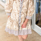 Khaki Plus Size Floral Print Striped Trim Patchwork Button Down A-line Dress