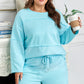 Aruba Blue Plus Size Solid Color Splicing Raw Hem Pullover Top Shorts Set