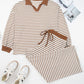 Khaki Stripe Plus Size Collared V Neck Loose Pullover Drawstring Elastic Waist Wide Leg Pant Set