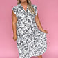 Black Floral Print Piping Trim Notched Neck Ruffle Sleeve Plus Size Long Dress