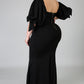 Black Bow Tie Puff Sleeve Plus Size High Slit Maxi Dress