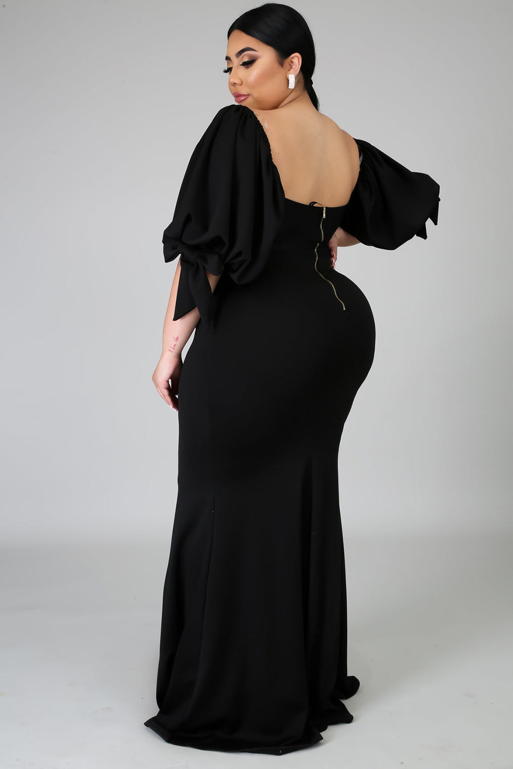 Black Bow Tie Puff Sleeve Plus Size High Slit Maxi Dress