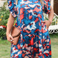 Blue Abstract Print Shirred Ruffled Short Sleeve Tiered Plus Size Mini Dress